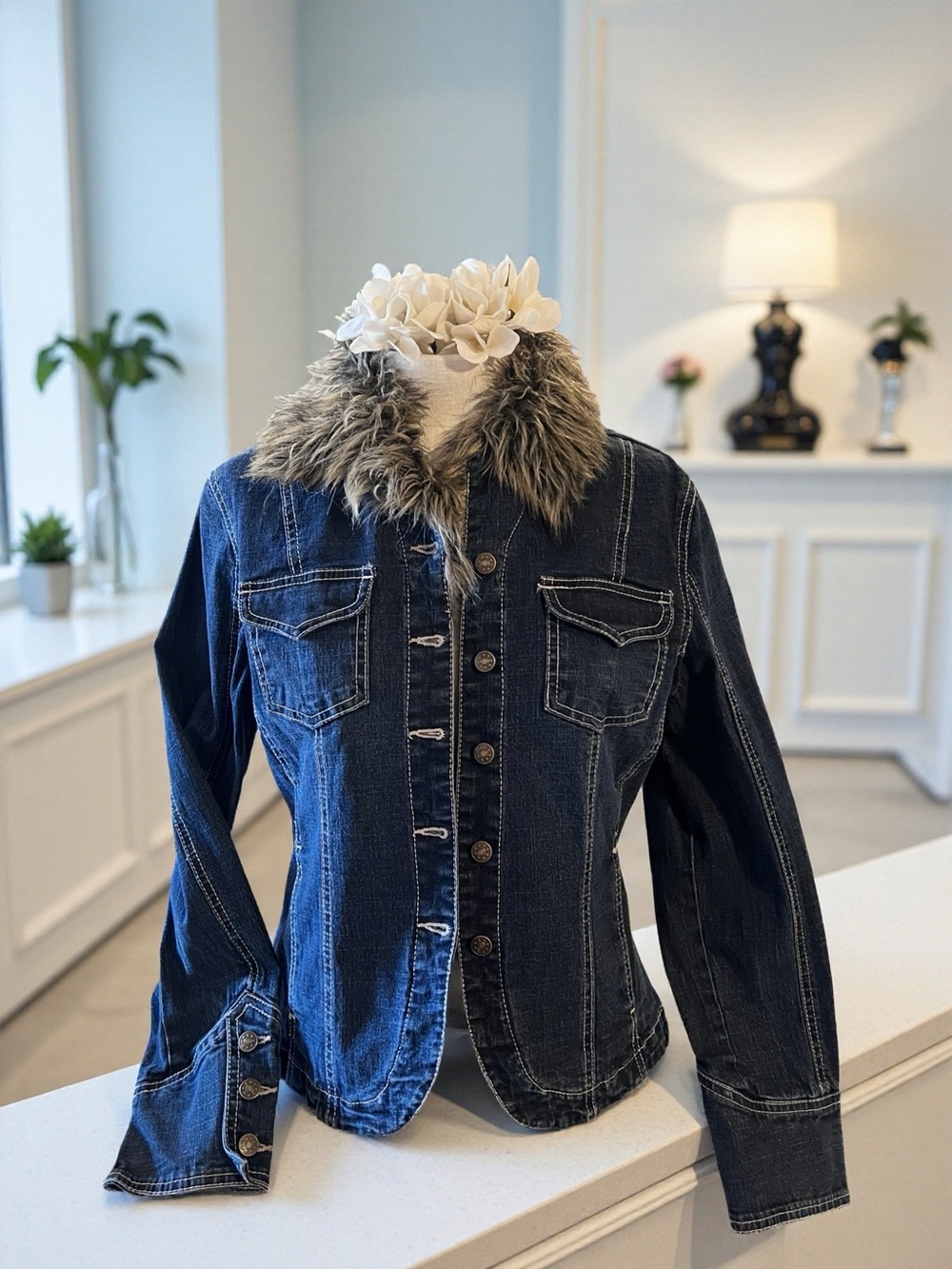 Vintage Y2K Faux Fur Collar Dark Blue Denim Jacket